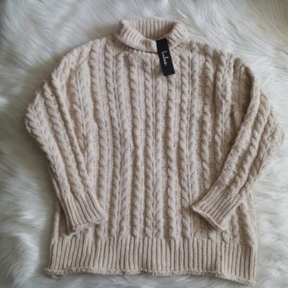 NWT Lulu's Beige Cable Knit Oversized Chunky Turtleneck Sweater Size XS - Picture 4 of 11